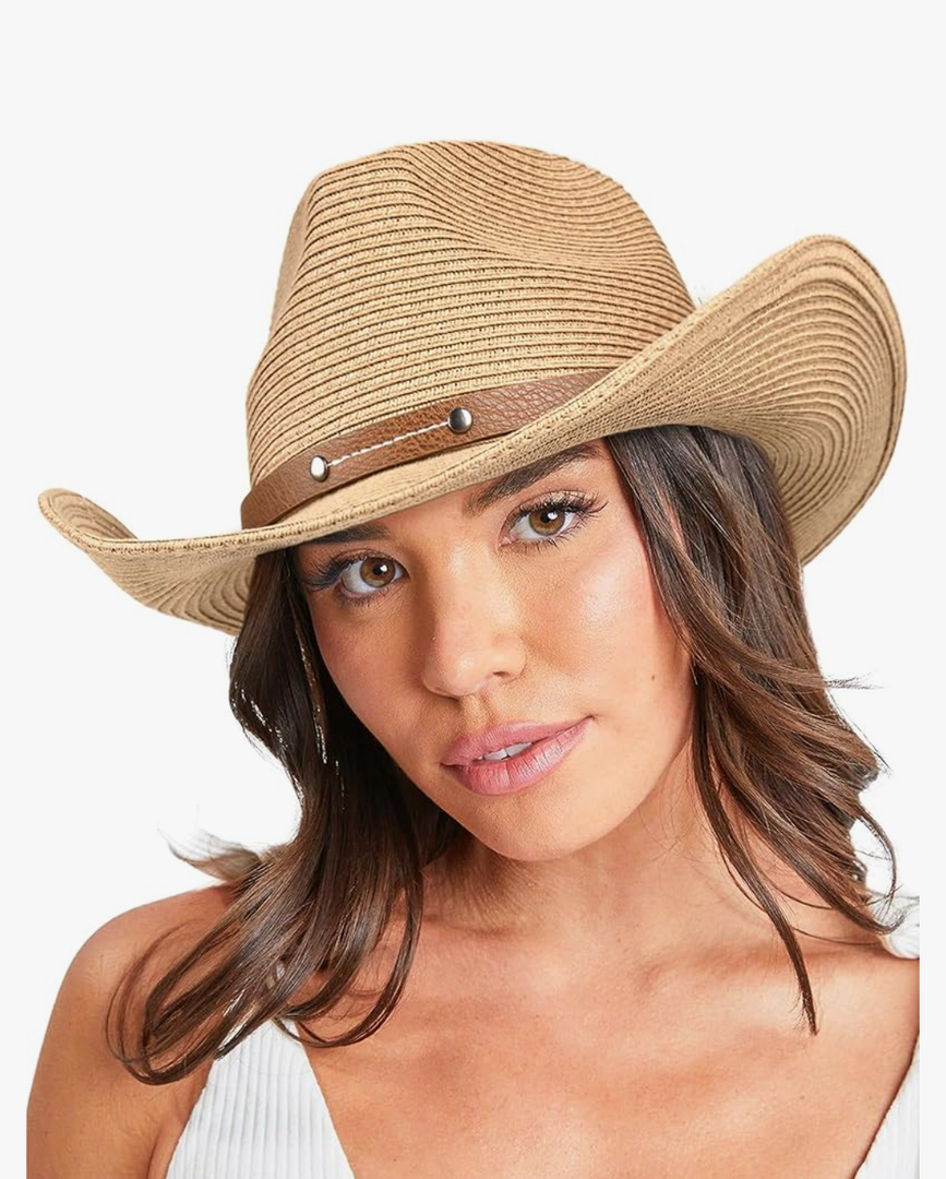 FURTALK Straw Cowboy Sun Hats for Women Men Western Cowgirl Hats with Wind Lanyard UPF 80+ Beach Hat M/L