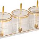Acrylic Condiment Spice Jars and Box with Lids, Spoons, Tray - Pack of 3, Clear Plastic Canisters, Seasoning Box Set for Salt, Paprika, Sugar - Kitchen Storage