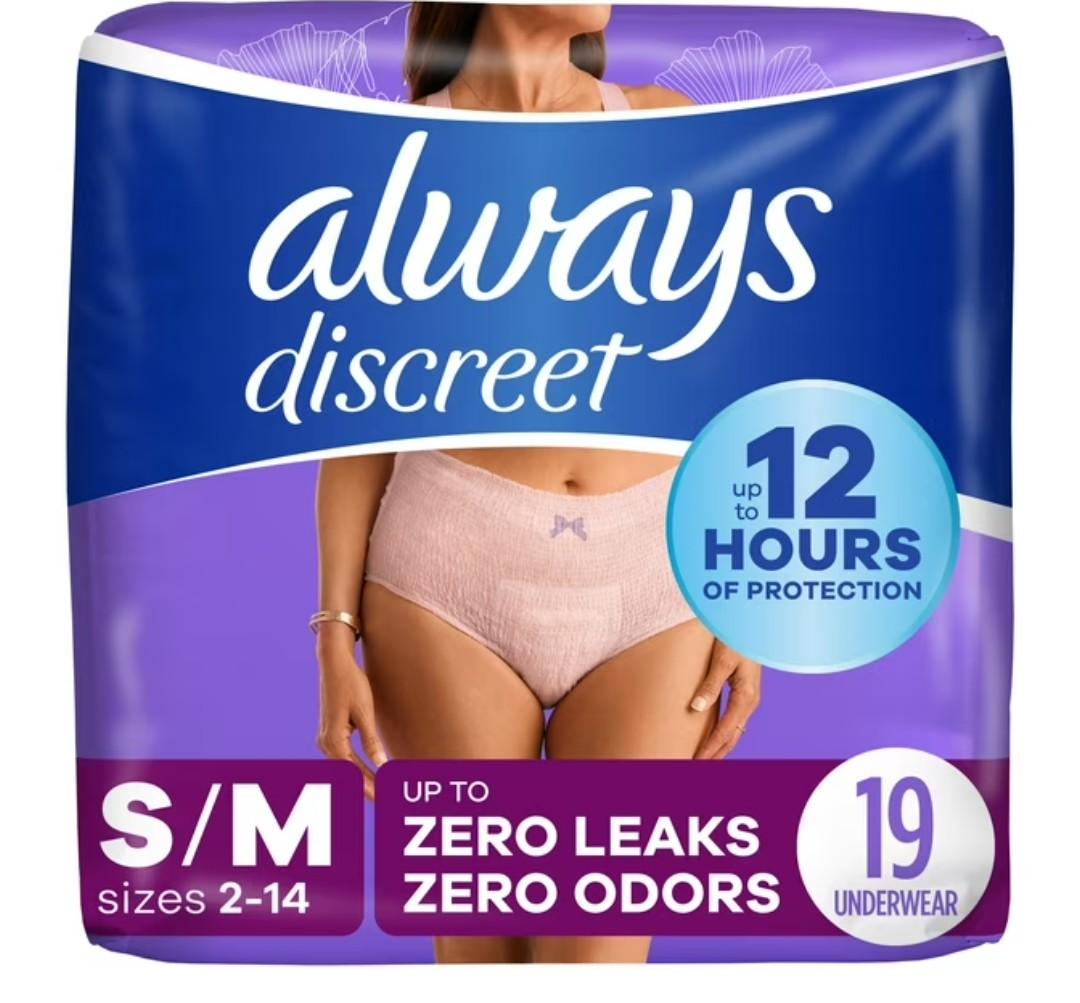 Always Discreet Adult Incontinence Underwear for Women and Postpartum Underwear, Small/Medium, Up to 100% Bladder Leak Protection, 19 Count