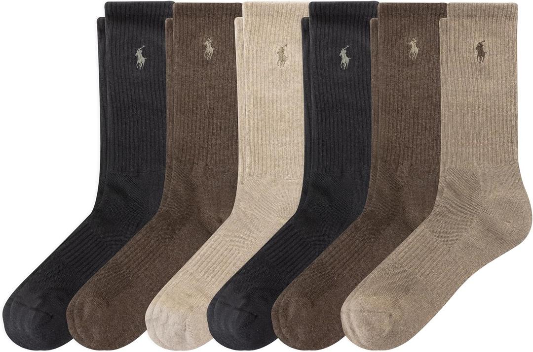 Polo Ralph Lauren Men's Classic Sport Performance Cotton Crew Socks 6 Pair Pack, Brown, Men's Shoe Size 6-12.5