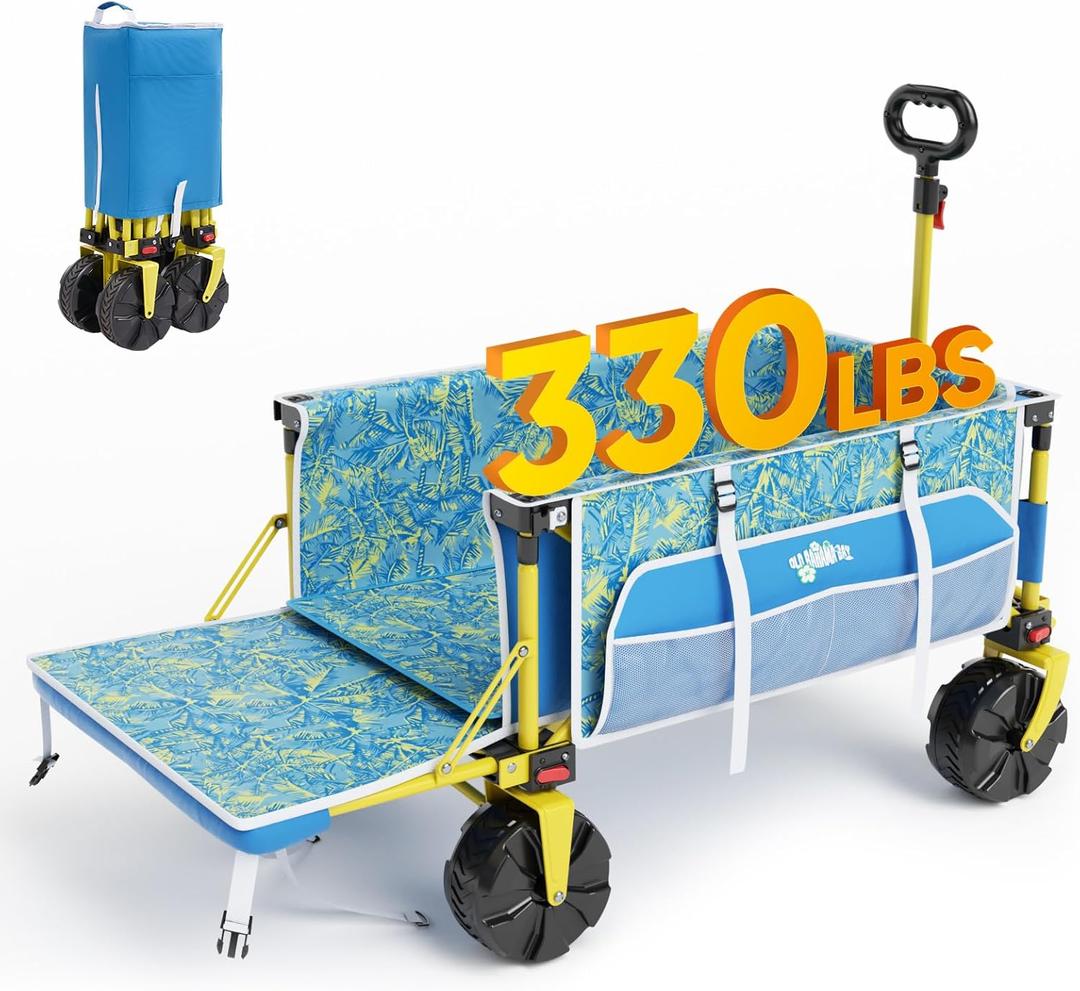 Beach Wagon with Big Wheels for Sand, 330 LBS Heavy Duty Collapsible Beach Cart with Tailgate, Foldable Utility Wagon with Cup Holders & Side Storage for Camping, Shopping, Garden, Blue