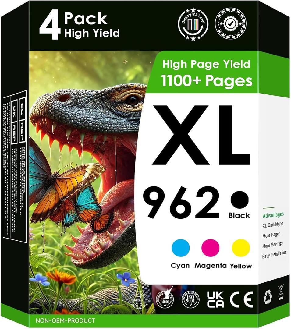 Compatible Ink Cartridge Replacement for 962XL Ink Cartridges. Works with Officejet 9010 9012 9013 9014 Printers. 4 Pack (Black, Cyan, Magenta, Yellow)
