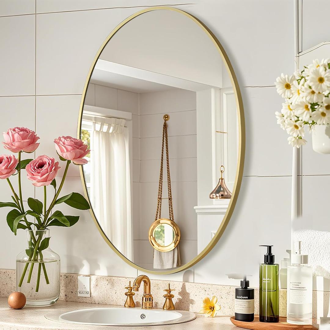 Gold Oval Mirror for Bathroom, 22x30 Inch Oval Bathroom Mirror with Brushed Metal Frame, Wall Mounted Decorative Vanity Mirror for Bathroom, Living Room, Entryway