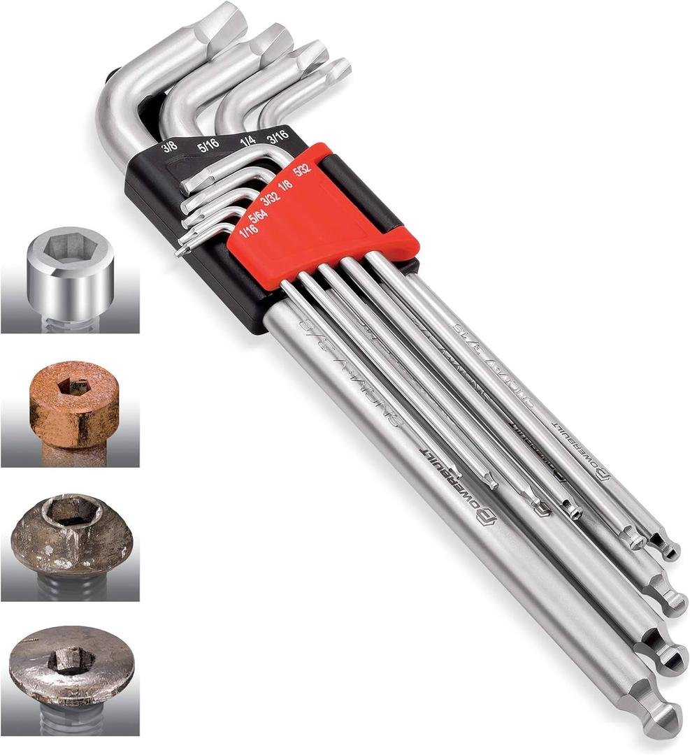 Powerbuilt 9 Piece SAE Hex Key Wrench Set for Damaged Fasteners, Standard, Grip Rusted, Rounded Bolts, Long End - Zeon Series 240096