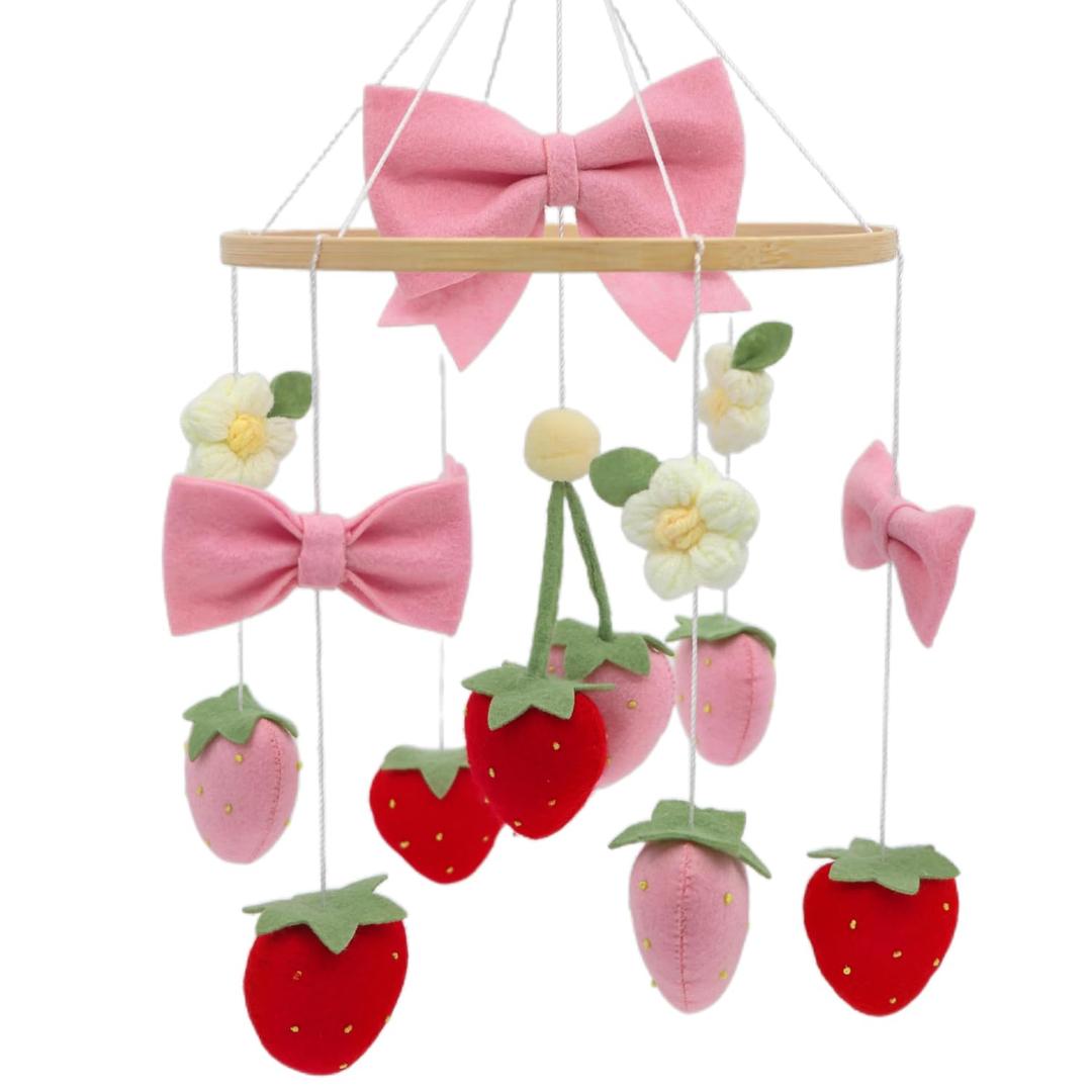 Strawberry Mobile for Crib Handmade Felt Bow Nursery Decor Crib Mobile Bow Strawberry for Bassinet Baby Shower Newborn Baby Gift (Bow Strawberry)