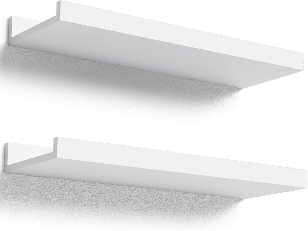 Boswillon Floating Shelves Wall Mounted Set of 2, Modern White Shelves for Bedroom, Nursery Shelves with Lip, Display Picture Ledge Shelf for Wall Decor Living Room Bathroom Kitchen - White, 15.7 in