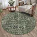 4ft Round Washable Area Rugs for Living Room, Vintage Boho Large Rug for Bedroom Dining Room Office, Distressed Floral Print Carpet for Under Table, Soft Non Slip Low Pile Throw Indoor Mat, Green