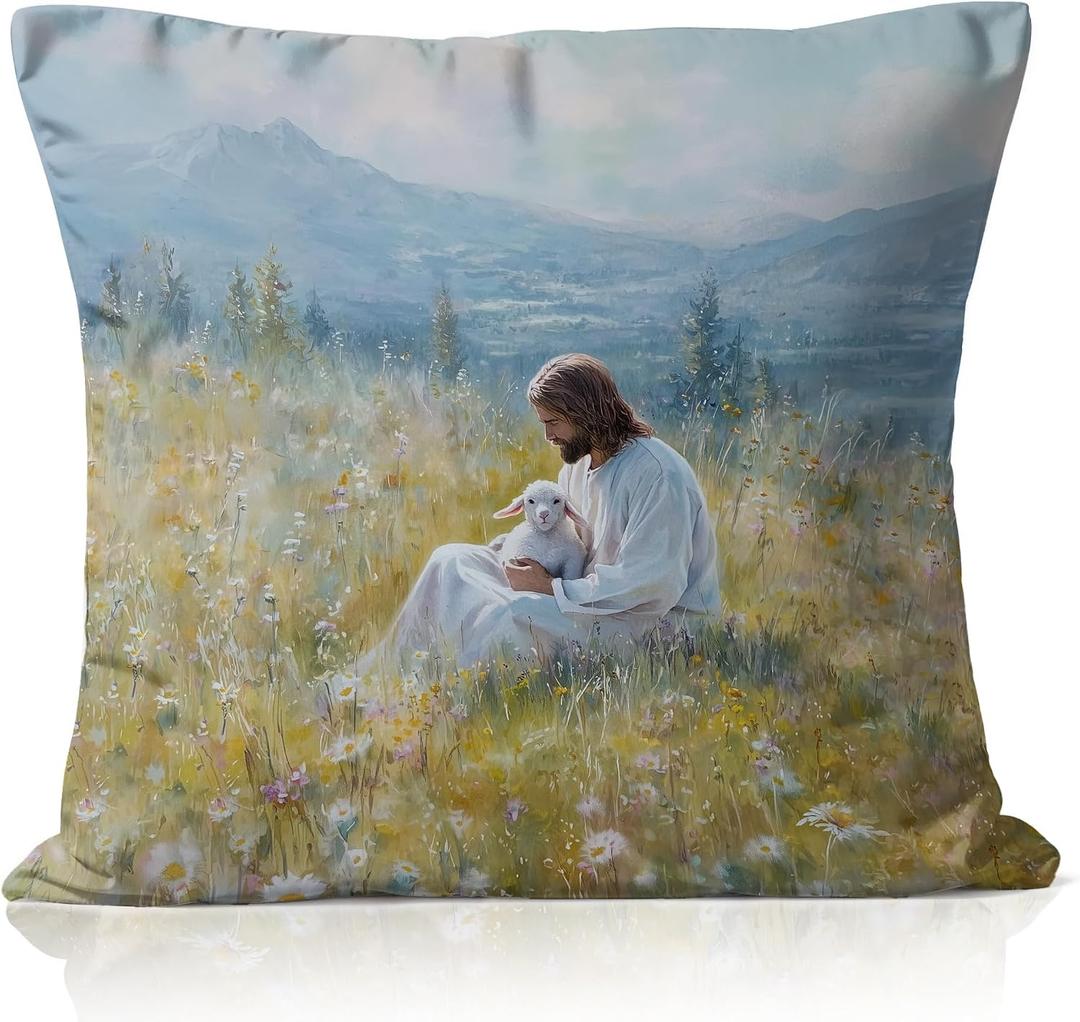 Christian Jesus and Lamb Easter Pillow Cover 18x18, Religious Easter Decor, Jesus Leaves The 99 Sheep Decorative Throw Pillow Cover Case for Prayer Home Bed Couch Sofa Living Room
