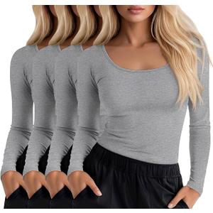 4 Pack Women's Underscrub T-Shirts, Long Sleeve 65% Cotton Tees Slim Fit Scrub Tops Scoop Neck Basic Layer Shirts S