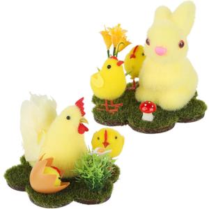 DR.DUDU Easter Bunny & Chicken Table Decor, 2 Pcs Small Chicks and Rabbit Flocked Figurines with Artificial Flowers for Spring Centerpiece, Easter Decorations for The Home Tabletop Gifts