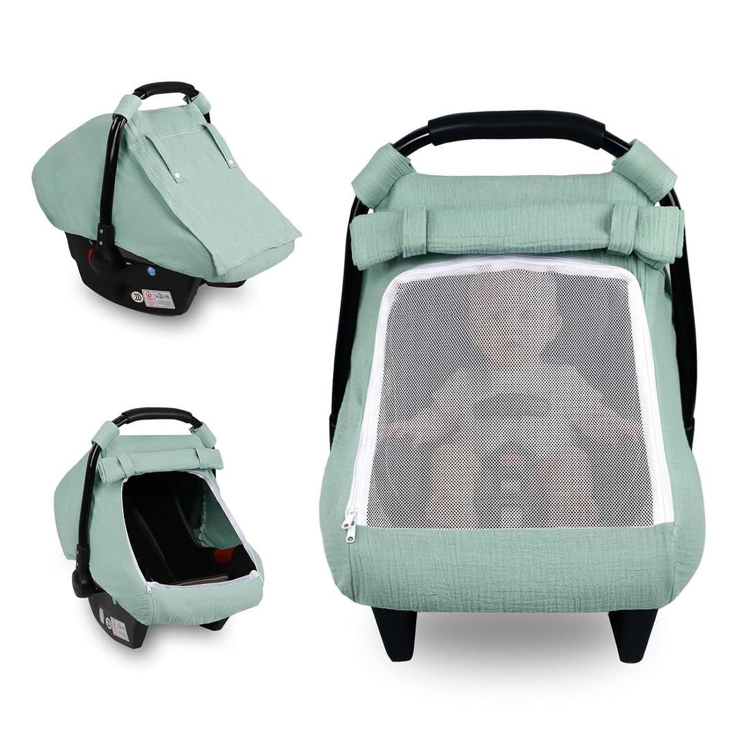 Car Seat Cover Baby, Summer Carseat Covers for Babies Girls Boys Breathable Muslin Cotton HNHUAMING Infant Car Seat Canopy with Large Mesh Window, Cozy & Windproof Newborn Stroller Cover, Green