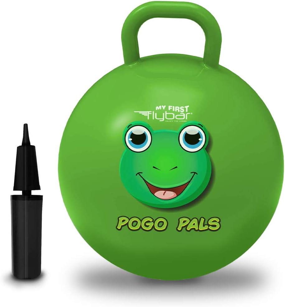 Flybar Hopper Ball for Kids, Inflatable Bouncy Ride-On Ball w/ Handle for Indoor & Outdoor Active Play, Includes Pump, Jump Ball Toy for Boys & Girls, Supports Up to 165 lbs, Ages 3+, 18-Inch, Small (Frog Green)