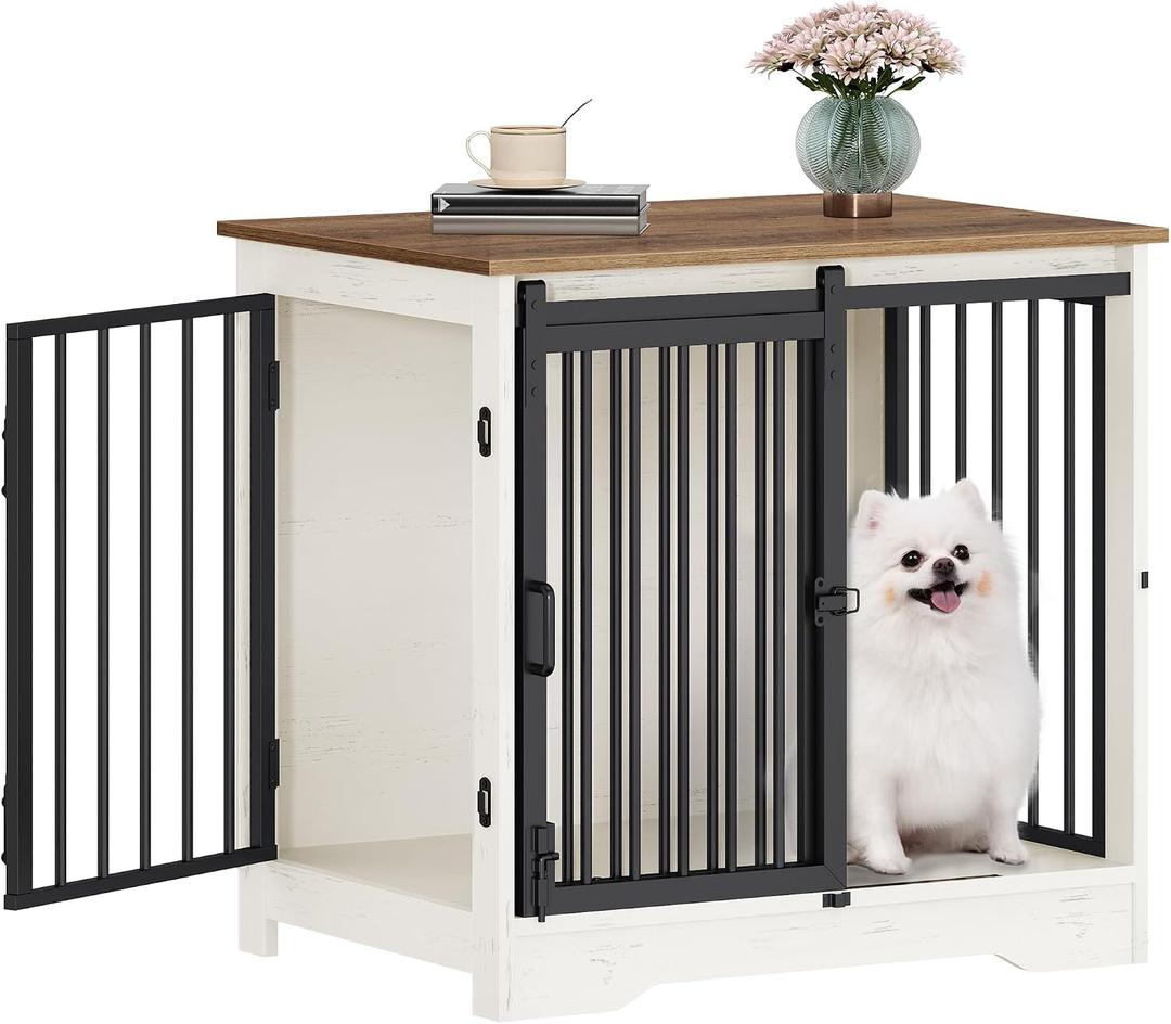 Hzuaneri 27.2" Dog Crate Furniture with Barn Door, Heavy Duty Dog Kennel Indoor with 2 Doors, Wooden Pet Cage End Table for Small Medium Dogs up to 22 lb, Anti-Chew Anti-Escape, White Brown DFC84314B