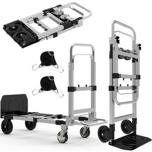 3 in 1 Heavy Duty Folding Hand Truck, Convertible Portable Steel Dolly with Telescopic Handle, Foldable Utility Cart with Rubber Wheels, 500 LBS (Silver)