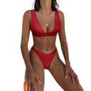 Bathing Suits for Women Deep V Neck Sexy Two Piece Bikini Sets for Women Thong Halter Cheeky Swimsuit (US, Alpha, Small, Regular, Regular, Red), S