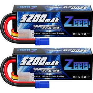 Zeee 4S Lipo Battery 5200mAh 14.8V 120C Hard Case Battery with EC5 Plug for RC Buggy Truggy 1/10 Scale Racing Truck Crawler Monster RC Car Boat(2 Pack)