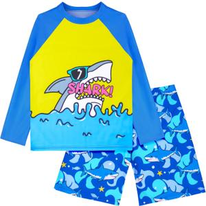 Boys Swimsuit Rash Guard Boys' Swimwear Dinosaur Swimming Suits Bathing Suit for Toddler Boys Swim Trunk (4-5T, Yellow+blue Shark)