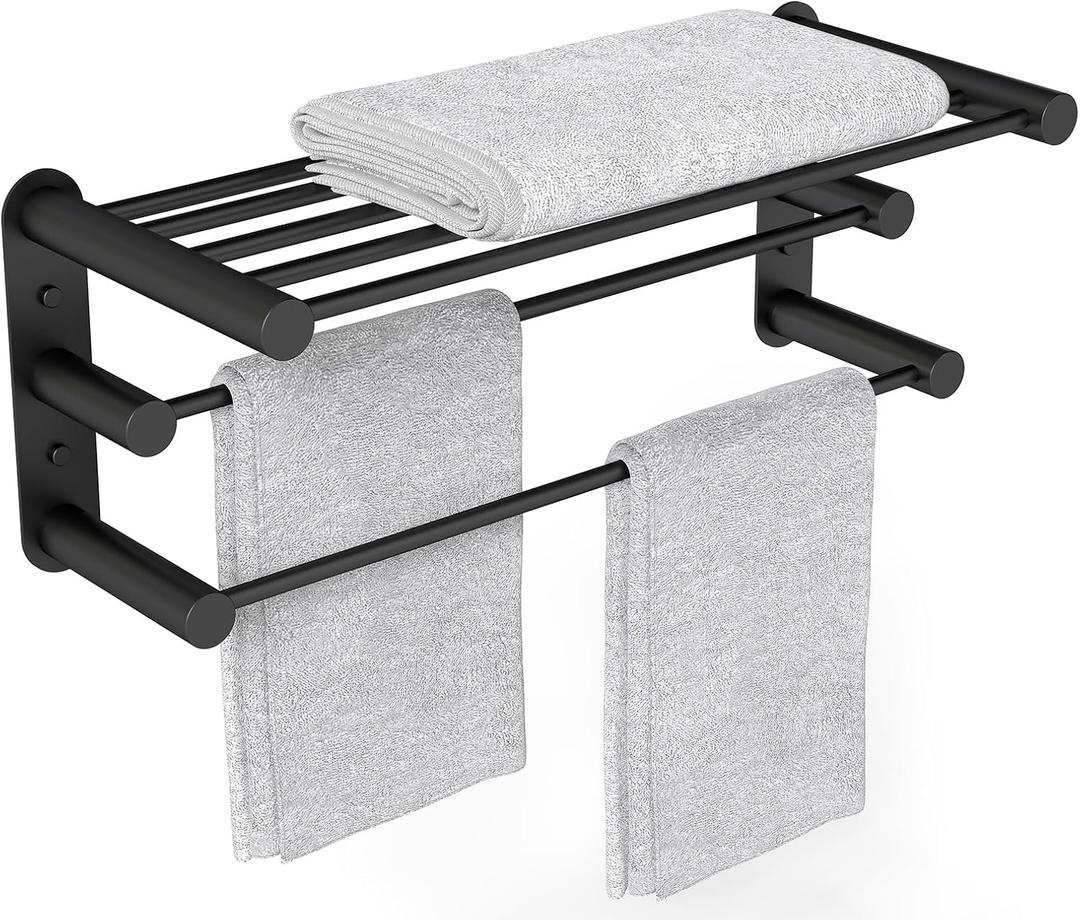 YUMORE 24-Inch Towel Rack, Towel Holder Shelf with 2 Towel Bar Towel Storage Organizer for Bathroom & Lavatory Wall Mounted (Matte Black)