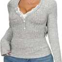 Verdusa Women's Plus Size Lace Basic Tees Long Sleeve Shirts Button Up Trendy Fall Tops (X-Large Plus, Grey)