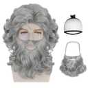 Hair Cap+Grey Old Man Wig and Beard Funny Wigs for Adults Short Wizard Hair with Beard Gray Santa Cosplay Outfit Fluffy Wavy Christmas Costume for Party Halloween Christmas Cosplay