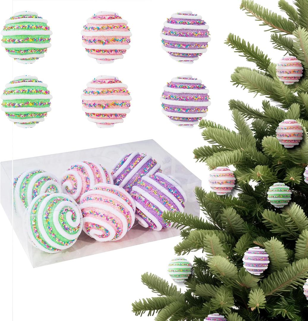 WESAIL 3.75 Christmas Colorful Sprinkles Balls Ornaments Set, Sugar and Candy Hanging Topper Picks Gift for Xmas New Year Birthday Party Supplies