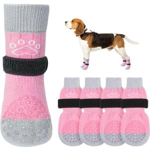 SCENEREAL Dog Socks to Prevent Licking Paws for Hot/Cold Pavement Anti Slip, Dog Shoes for Hardwood Floors, Dog Boots & Paw Protectors with Grippers for Small Medium Large Senior Dogs, Pink S (Pink Pearl Paw(Pack of 4))