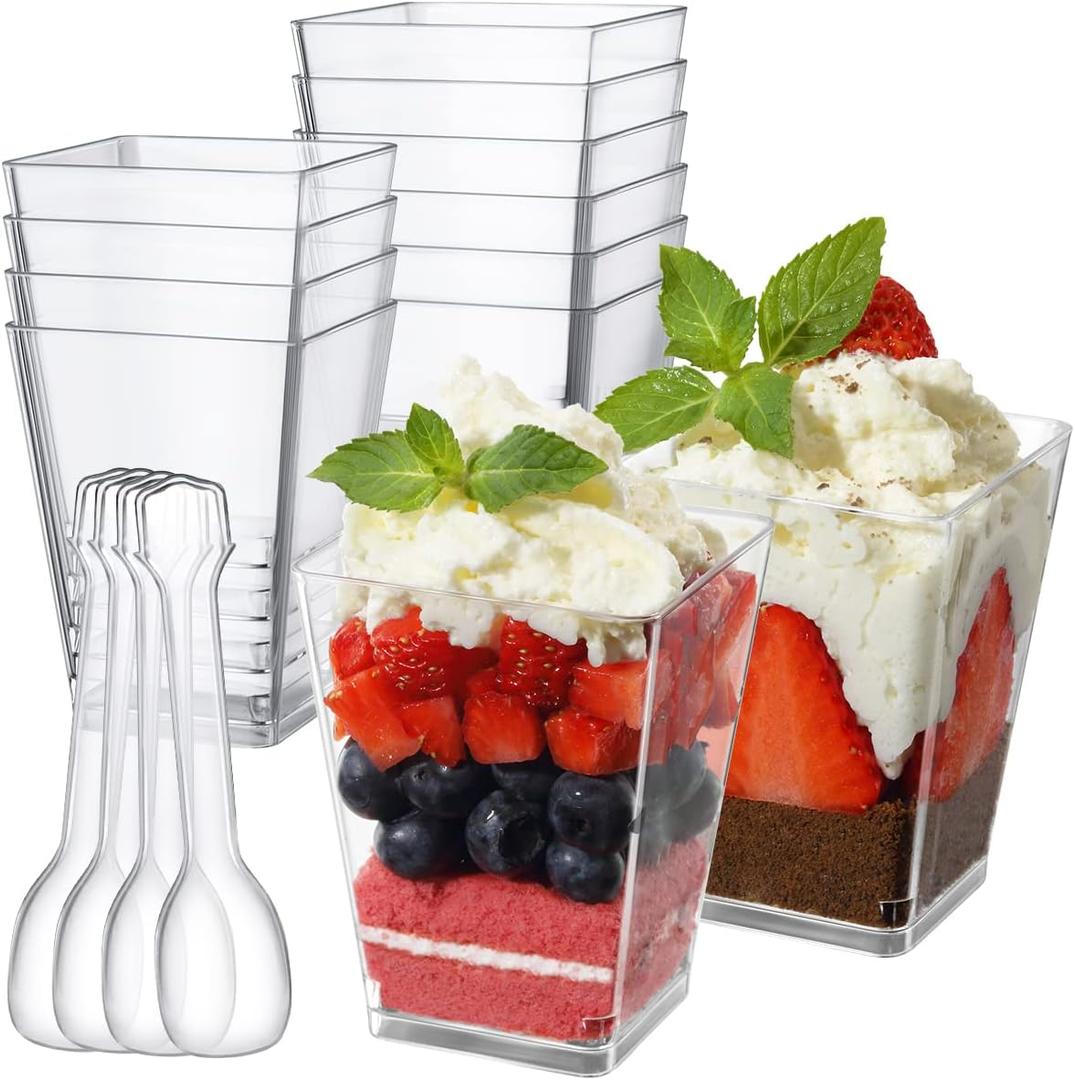 5 oz Plastic Dessert Cups with Spoons 50 Pack, Clear Square Mini Dessert Cups Appetizer Cups Parfait Cups Tumbler Cups for Mousse Puddings, Party Supplies