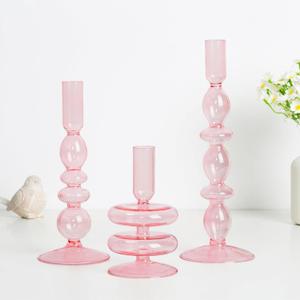 Hewory Glass Pink Candlestick Holders: Set of 3 Taper Candle Holders Vintage Candle Stick Candleholder, Colorful Glass Bubble Candleholders for Table Centerpiece, Wedding, Dinner, Party, Home Decor