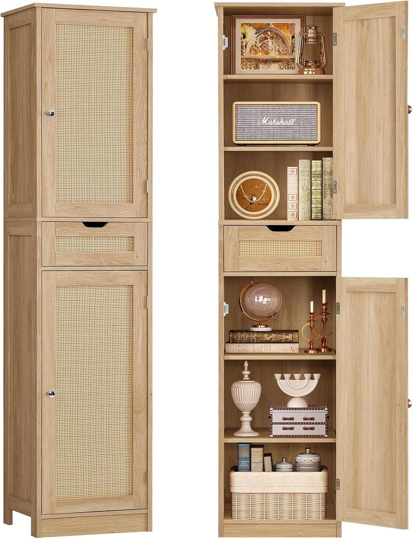 66.9" H Tall Storage Cabinet with 2 Rattan Doors and 1 Drawer, Narrow Rattan Cabinet with Adjustable Shelves, for Living Room, Entryway, Kitchen, Natural