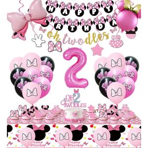Pink 2nd Birthday Party Supplies, Oh Twodles Girl Second Party Decorations Includes Happy Birthday Banner, Hanging Swirls, Tablecloth, Cake Cupcake Toppers, Bow Foil Balloon, Latex Balloons