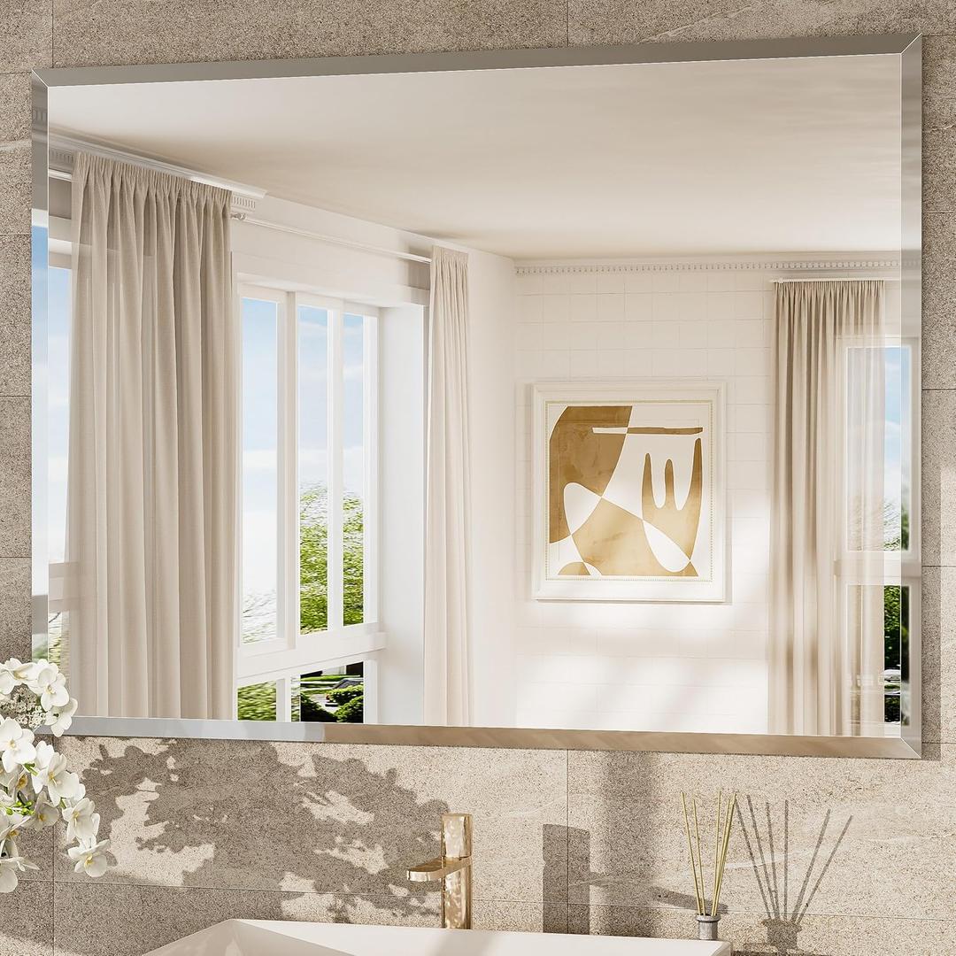 TokeShimi 48x36 Frameless Bathroom Mirror for Over Sink with 1" Beveled Edge, Tempered Bathroom Vanity Mirror Beveled, Shatterproof Rectangle Mirrored Wall Mounted for Living Room, Entryway