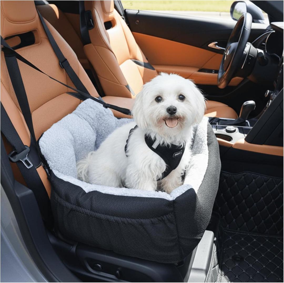 Oiilores Dog Car Seat for Small Dogs, Washable Pet Booster Seats for Car with Clip-On Safety Leash, Reversible Puppy Carseat with Storage Pockets, Travel Carrier Bed for Dogs Under 25 lbs, Grey