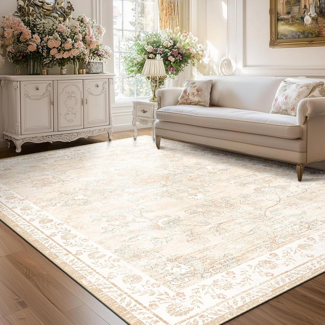 Area Rug 8x10, Vintage Floral Distress Print Pattern, Washable Non-Slip Low-Pile Indoor Carpet for Bedroom, Living Room, Dining Room & Entryway, Cream Coffee Aqua Blue Red