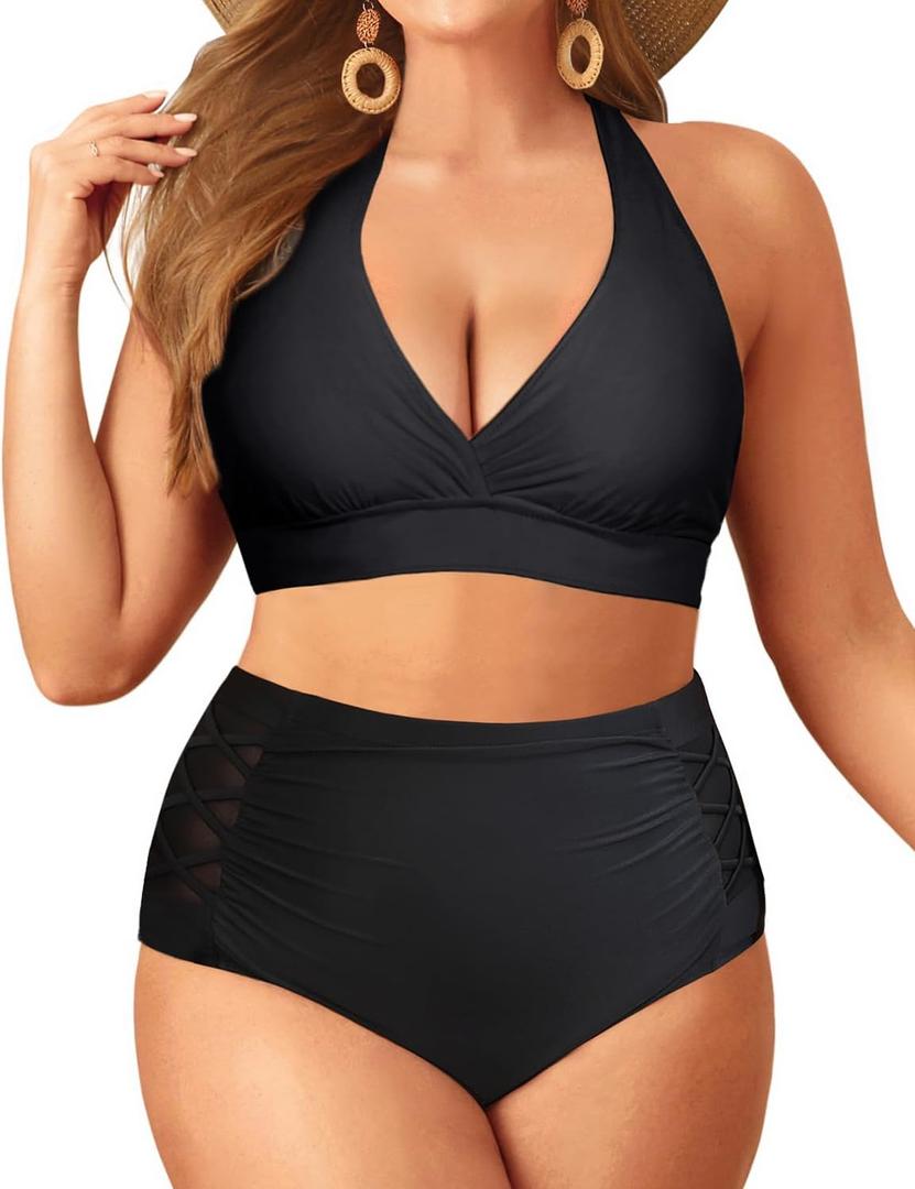 Yonique Womens Two Piece Plus Size Halter Bikini Swimsuits Tummy Control Bathing Suits High Waisted Swimwear (Black 01)