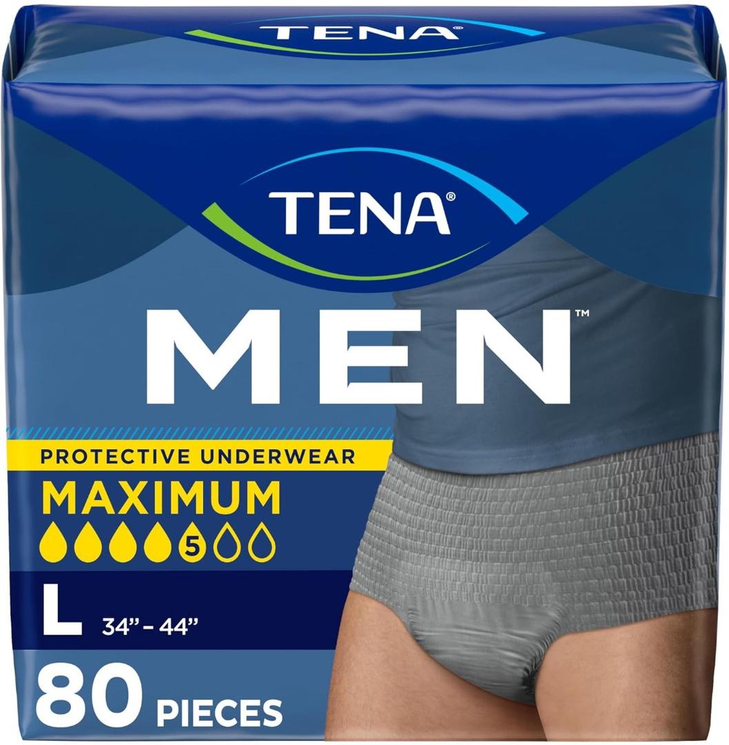 Tena Protective Incontinence Underwear for Men, Maximum, Large, Grey, 20 Count (Waist Size 34in-44in)