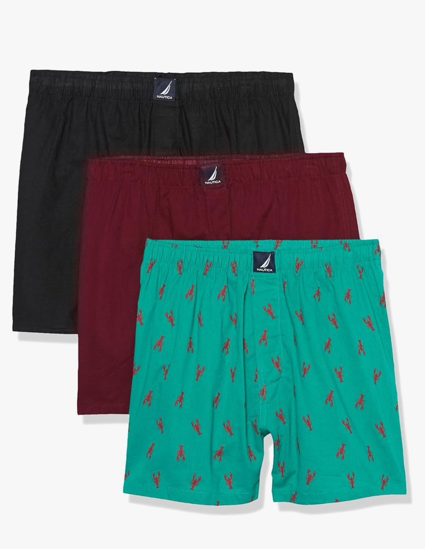 Nautica mens Cotton Woven, Pack of 3 Boxer, XL, Black/Tawny Port/Lobsters-pepper Green