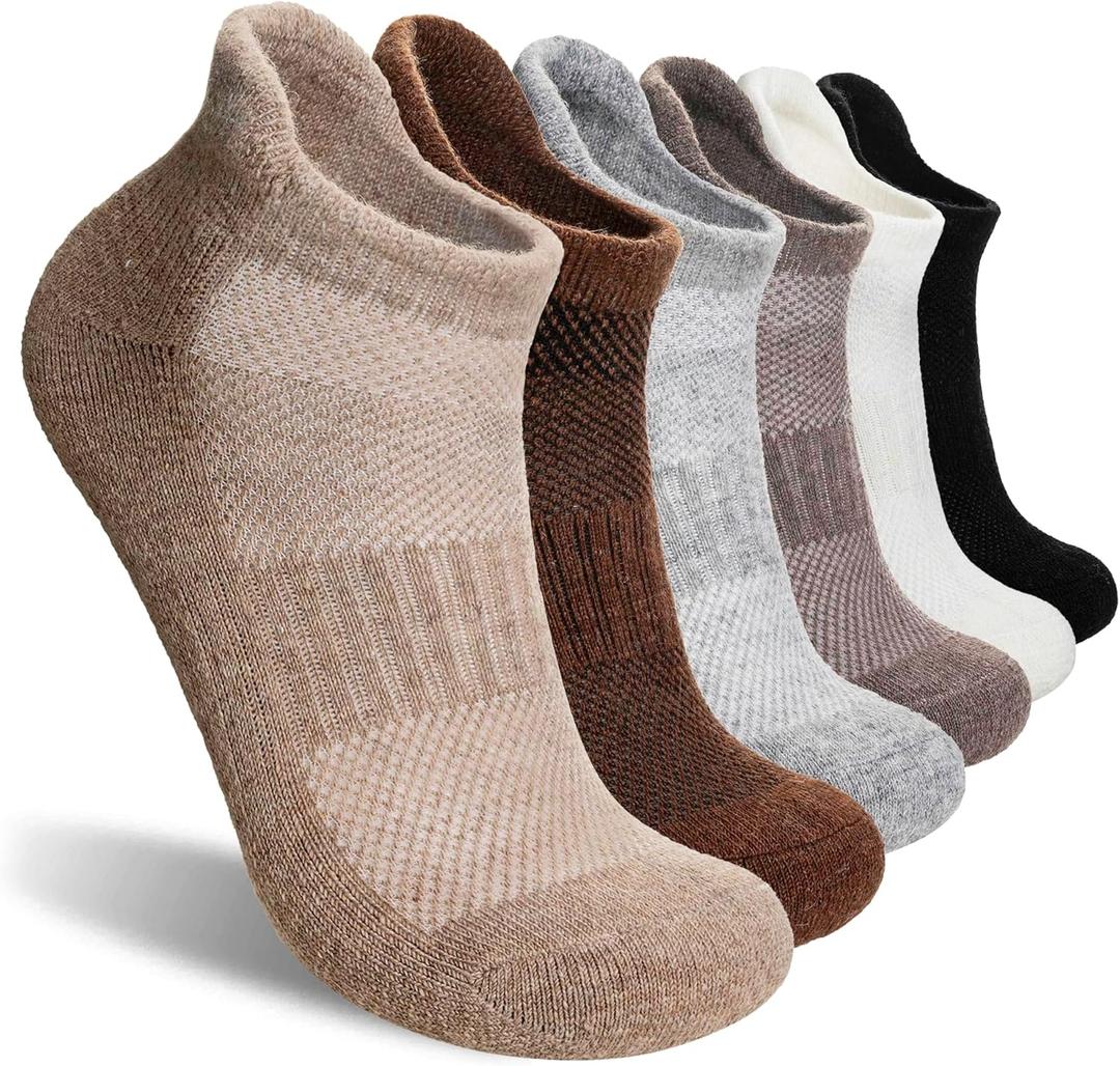 Merino Wool Ankle Hiking Socks For Men & Women No Show Running Athletic Support Thick Cushioned Breathable Socks 6 Pairs (Large, Black & Grey)