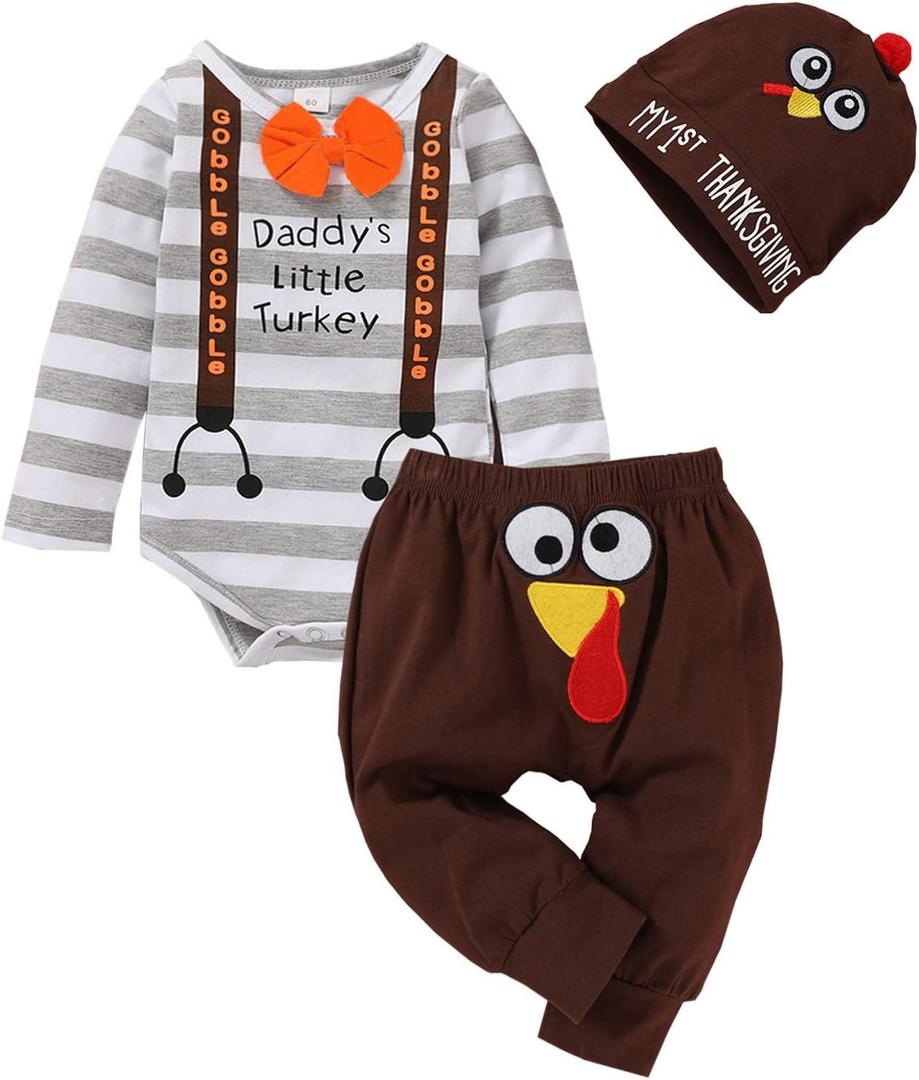 Thanksgiving/Christmas Outfits Infant Baby Boys Xmas Stripe Rompers+Turkey/Deer Pant Set Bodysuit Fall Clothes (0-3 Months)