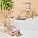 Elisabet Tang Womens Crystal Stilettos Heeled Sandals, 4 Inch Square Open Toe Strappy Sexy High Heels Ankle Strap Buckle Heels for Party Wedding Dress Daily Wear Shoes (Beige)