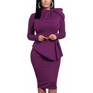 Women's Peplum Bodycon Long Sleeve Wear to Work Dresses Bow Party Club Ruffle Formal Cocktail Pencil Dress (Purple, XL)