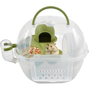 Dwarf Hamster Travel Carrier,Portable Hamsterl Cage Carrier with Silent Exercise Wheels Water Bottle Food Dish 2 Tiers Small Animal Breathable Carry Case for Mice Rat Sugar Glider(Green)