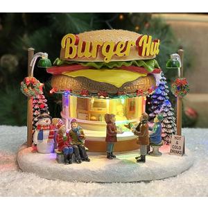 MOMENTS IN TIME Christmas Village Burger Shop LED Lighted Building with Music, Plays 8 Classic Christmas Songs, Battery Operated Holiday Decor, Burger Hut Display (7.2 x 9.6 x 8.0)