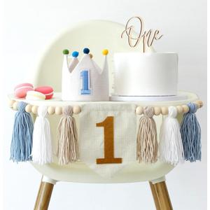 Baby Boy First Birthday Party Decorations Blue High Chair Banner 1st Birthday Crown Cake Topper 1st Decor