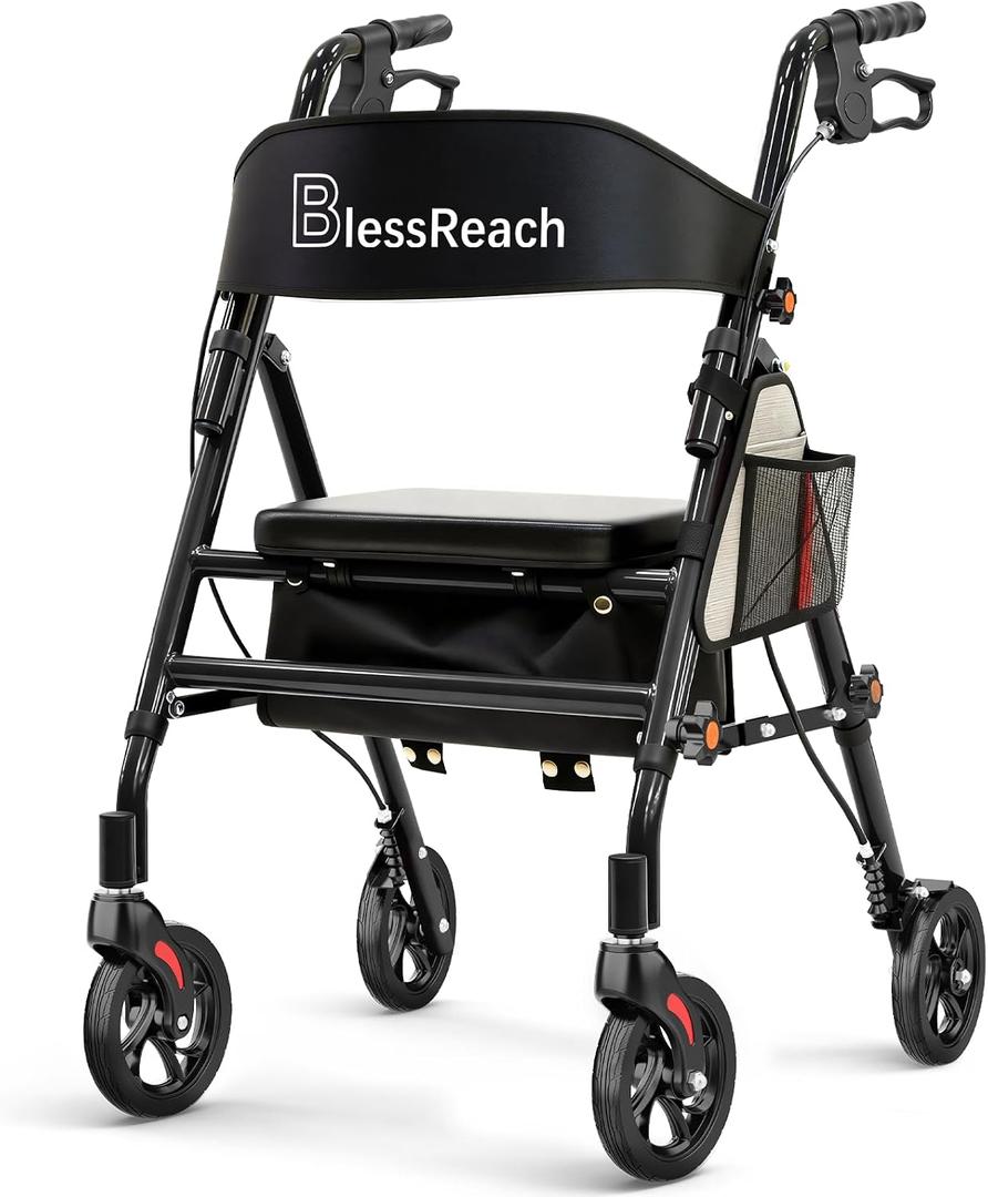 BlessReach Lightweight Foldable Rollator Walker with Seat for Seniors,Black