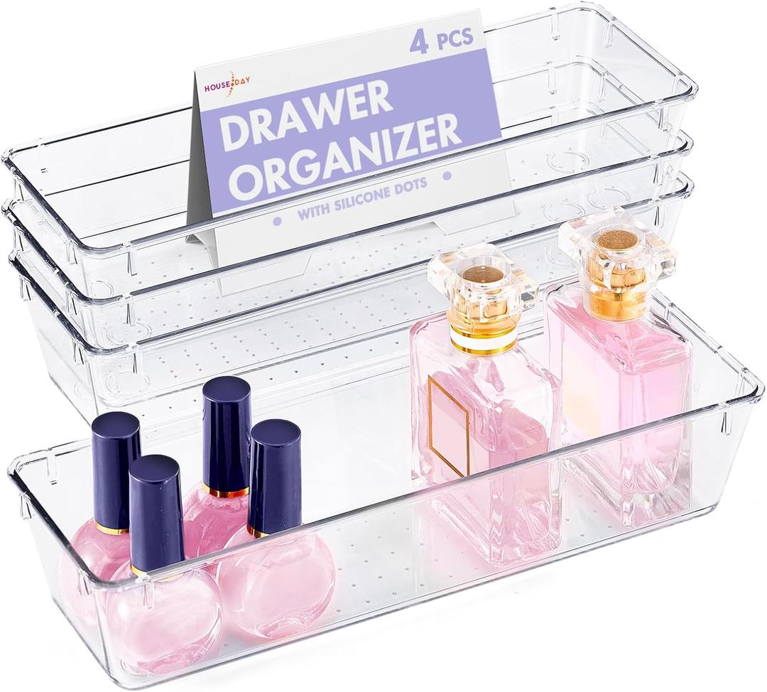 HOUSE DAY Desk Drawer Organizer Bins 4 PCS, 9*3*2" Clear Drawer Organizers with Silicone Pads, Vanity Organizers and Storage, Non Slip Plastic Drawer Organizer for Makeup, Bathroom, Kitchen, Office