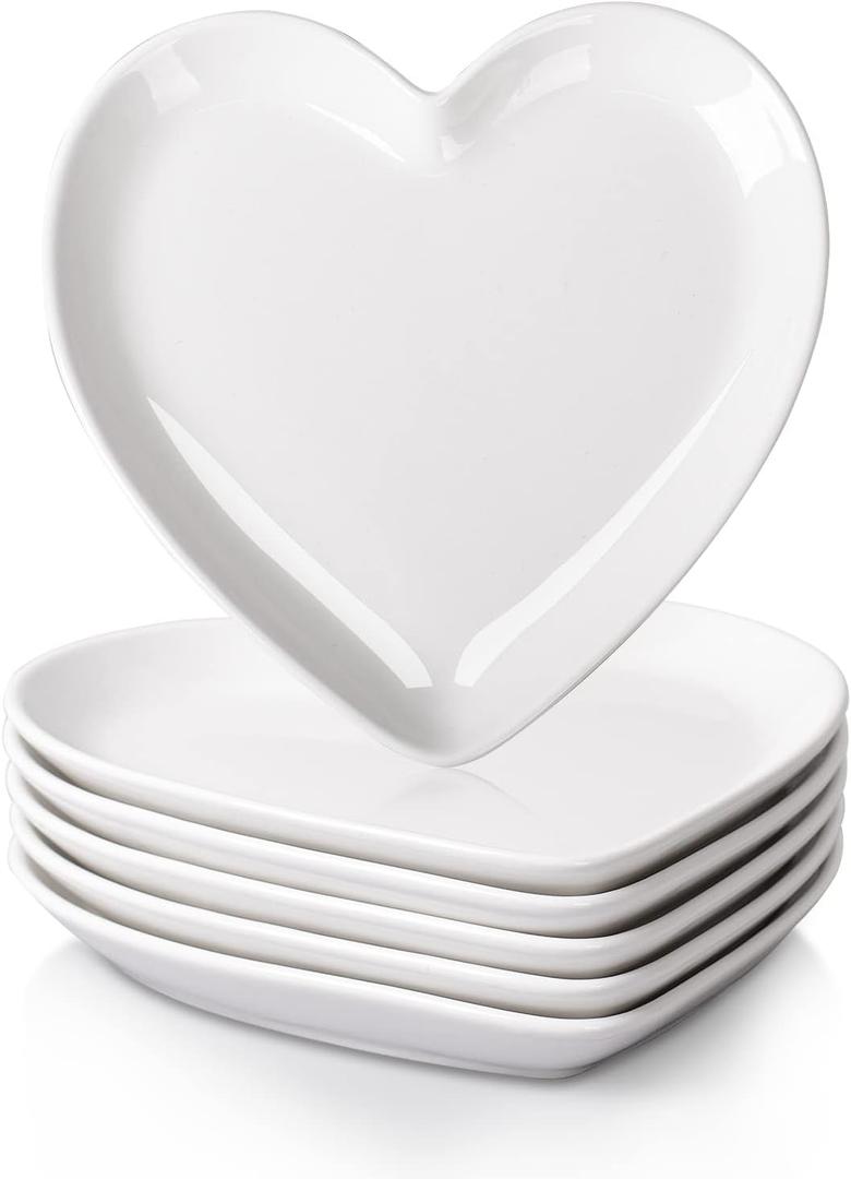 DELLING Heart Shaped Dessert Salad Plates- 6 Pack, 7.3 Inch Ceramic White Dinner Plates, Heart Dishes for Dessert, Appetizer, Steak, Snacks, Microwave & Oven Safe, Thanksgiving & Christmas Day Gifts