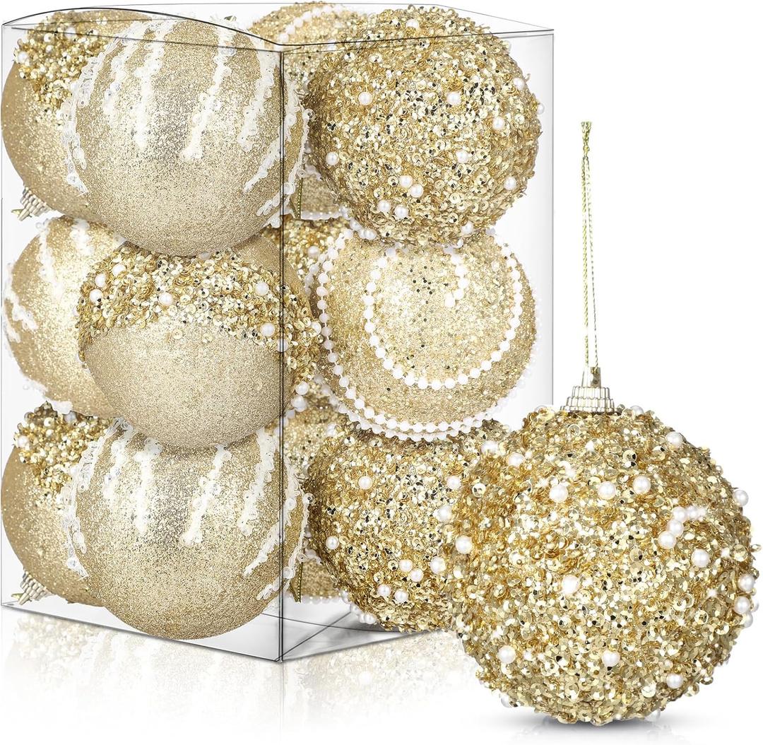 Liliful 12 Pcs Christmas Ball Ornaments Christmas Tree Decorations Shatterproof Foam Glitter Balls Hanging Xmas Tree Ornaments for Home New Year Holiday Indoor Outdoor Party Decor(Gold,2.76 Inch) (3.54 Inch)