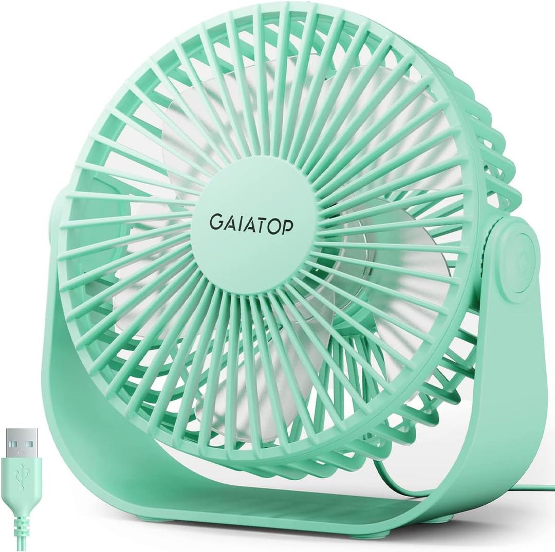 Gaiatop USB Desk Fan, 3 Speeds Strong Airflow, 5.5 Inch Portable 90 Rotate Quiet Cooling, Small Personal Table Fans for Bedroom Home Office Travel Green