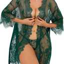 Sexy Lingerie for Women Lace Kimono Robe Mesh Chemise Nightgown Lace Robe (Medium, Dark Green)