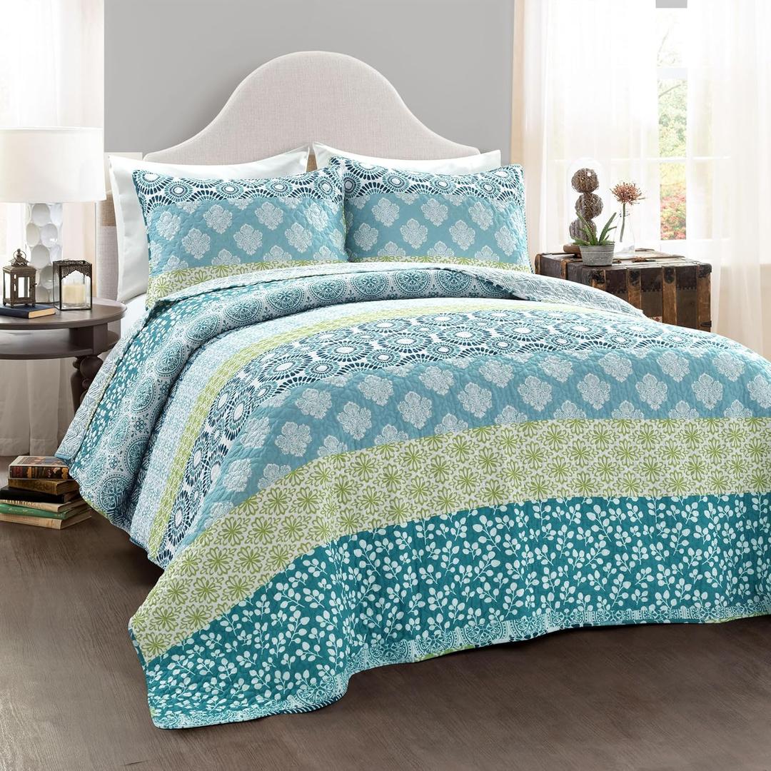 Lush Decor Bohemian Stripe Reversible Cotton Quilt Set, 3 Piece Set, Full/ Queen, Blue & Green - Striped Bedding Set - Blue Quilts Queen Size - Boho Decor